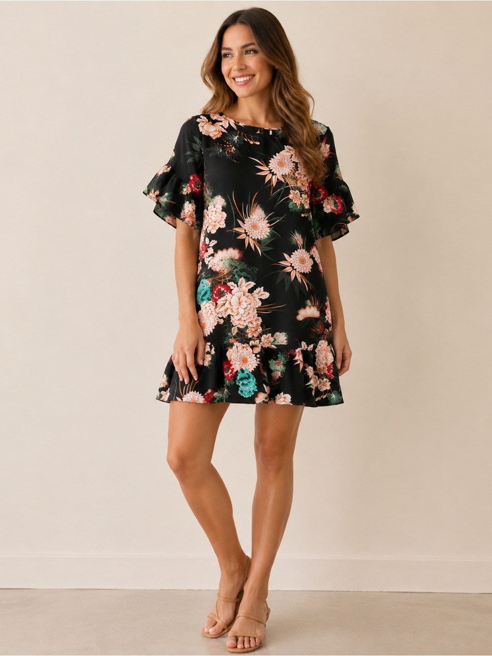 iSassy Black Floral Ruffle Mini Dress Medium